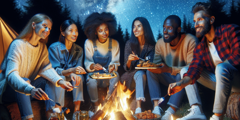 A cozy campfire with a group of friends enjoying gourmet meals cooked over the open flames under a starry sky.