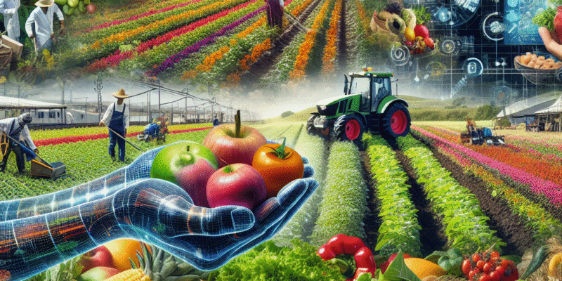 En collage av bærekraftig matproduksjon, teknologi i matproduksjon, og ferske frukter og grønnsaker