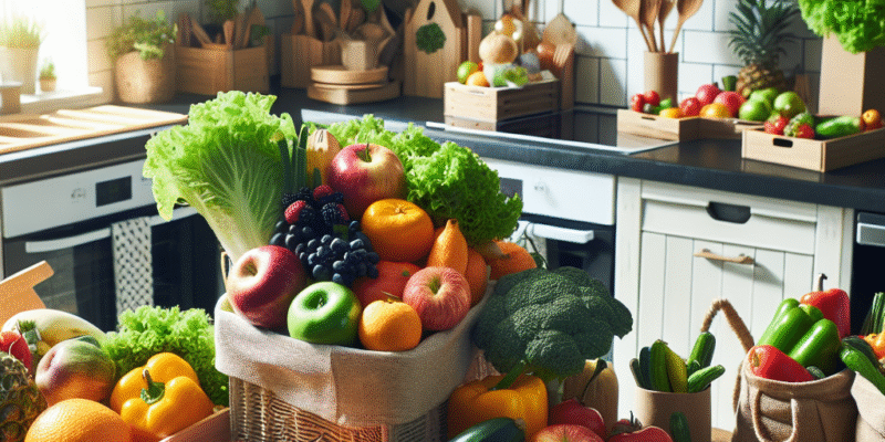 A fresh and diverse array of fruits and vegetables in a sustainable kitchen setting