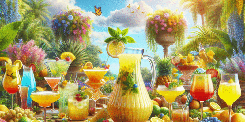 A beautifully styled summer beverage table with lemonade, cocktails, and mocktails, set outdoors with a sunny backdrop.