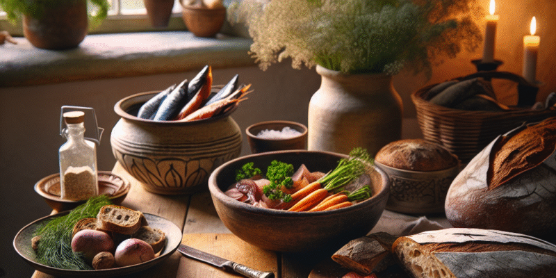 Et varmt, innbydende hjemmekjøkkenbord dekket med norske råvarer: nybakt brød, røkt fisk, rotgrønnsaker, friske urter, en rustikk keramikkbolle og mykt lys