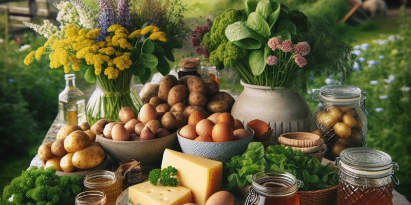 Lyst, innbydende bord med norske lokalproduserte råvarer: nypoteter, ost, egg, honningglass og friske urter, utendørs gårdsmiljø i bakgrunnen