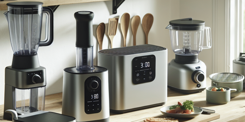 Moderne nordisk kjøkkenbenk med ulike testede kjøkkenapparater: blender, kjøkkenmaskin, airfryer og sous-vide, mykt naturlig lys, rent og ryddig