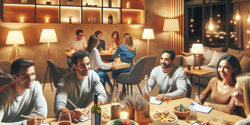 Festlig quizkveld med mat og drikke: folk rundt et bord, småretter, vinflasker, notatark og lystig stemning, varmt lys, moderne stil