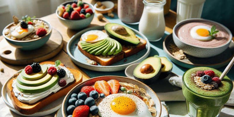 Lys og innbydende frokostscene med et bord fullt av fargerike retter: overnight oats, avokadotoast med egg, smoothie bowl og havrepannekaker, naturlig morgenslys