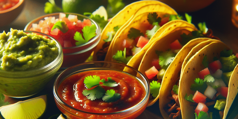 Fargerikt fat med hjemmelagde tacos, guacamole i bolle, salsa roja i glassskål, limebåter og koriander, varm og innbydende belysning