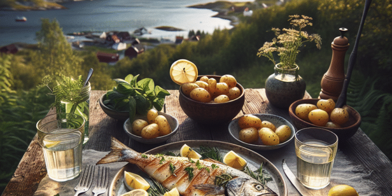 Norsk fiskemiddag: et rustikt bord med pannestekt torsk, sitron, friske urter, nye poteter og et havlandskap i bakgrunnen, naturlig lys